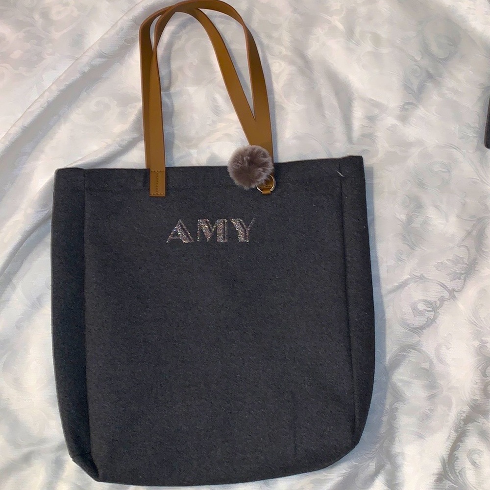 Gray Tote with Glitter ( AMY ) on front, with Pom Pom